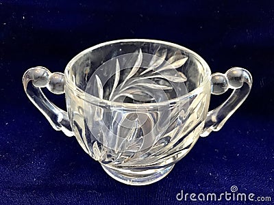 Beautiful Vintage Antique Floral Leaf Design Art Nouveau Clear Crystal Open Sugar Bowl Stock Photo