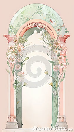 Beautiful vintage arch with flowers on pink background. Watercolor illustration Cartoon Illustration