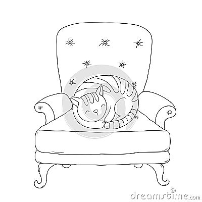 Beautiful vintage chair and a cute cat. Vector Illustration