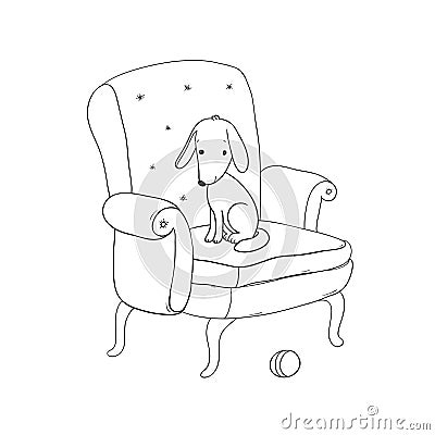 Beautiful vintage chair, cute dog and a ball. Vector Illustration