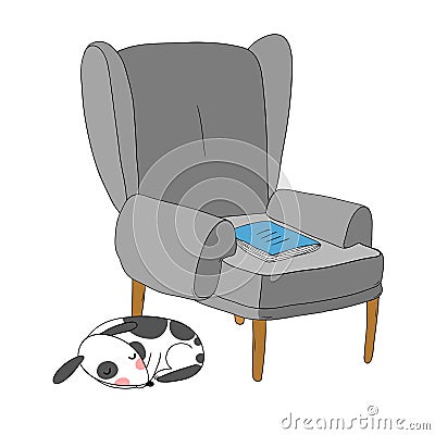 Beautiful vintage chair, notebook and a cute dog. Vector Illustration