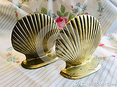 Beautiful Vintage Heavy Brass Clam Shell Bookend Stock Photo