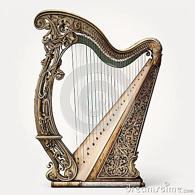 Beautiful vintage patterned harp, retro musical instrument, Stock Photo