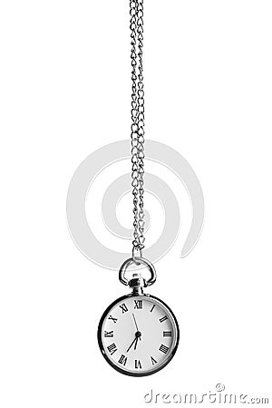 Beautiful vintage pocket watch with silver chain on white. Hypnosis session Stock Photo