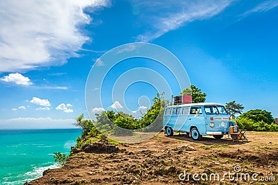 Beautiful Vintage retro car Volkswagen van hippie minibus with travel suitcase Editorial Stock Photo