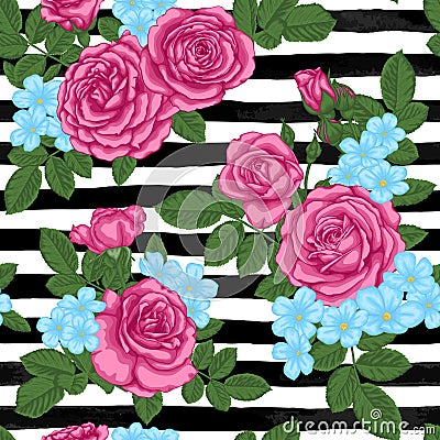 Beautiful vintage seamless pattern with rosebuds, leaves and stems on black and white watercolor stripes Vector Illustration