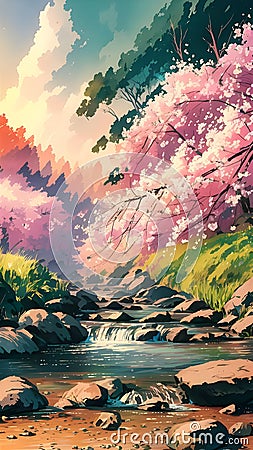 A beautiful vintage styled watercolour painting of a Japanese Landscape Stock Photo