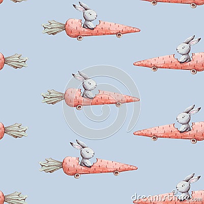 Beautiful vintage texture. Cute rabbit. Hand drawn watercolor seamless pattern bunny in carrot car. Hares cartoon animals on blue Stock Photo