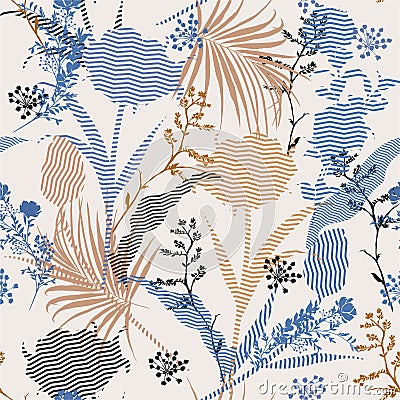 Beautiful vintage Vector botanic silhouette floral seamless pattern on modern zigzag stripe Fill-in, delicate wallpaper, wild Stock Photo