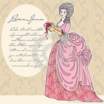 Beautiful vintage woman with gift Vector Illustration