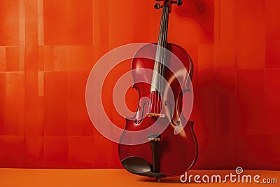 beautiful violin leans against a vibrant red wall, ready to fill the air with enchanting melodies. Ai Generated Stock Photo