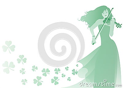 Beautiful violinist playing violin isolated on white background, surrounded by clovers. Blank space for text or design Vector Illustration