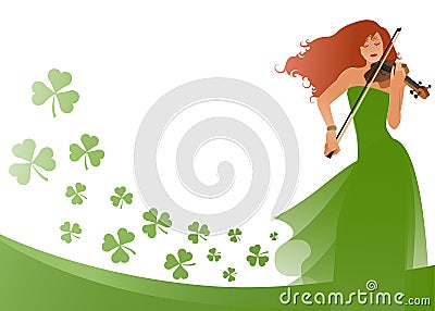 Beautiful violinist playing violin isolated on white background, surrounded by clovers. Blank space for text or design Stock Photo