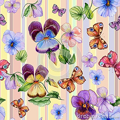Beautiful vivid viola flowers leaves and bright butterflies on pastel striped background. Seamless barred floral pattern. Cartoon Illustration