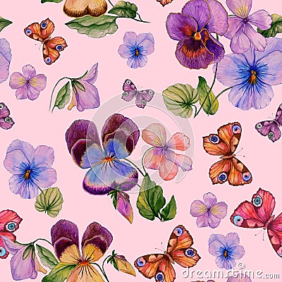 Beautiful vivid viola flowers leaves and bright butterflies on pink background. Seamless spring or summer floral pattern. Cartoon Illustration