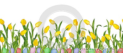 Beautiful vivid yellow tulips on long stems with green leaves and colorful Easter eggs in seamless pattern. Stock Photo