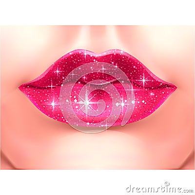 Beautiful voluminous lips on a transparent background, pink lips with a shiny glitter texture, Vector EPS 10 illustration Vector Illustration