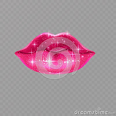 Beautiful voluminous lips on a transparent background, pink lips with a shiny glitter texture, Vector EPS 10 illustration Vector Illustration