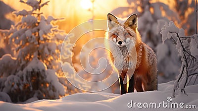 Beautiful vulpes fox against the backdrop of a snowy winter forest with a bushy tail, hunting in the freshly fallen snow Stock Photo