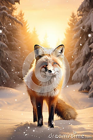 Beautiful vulpes fox against the backdrop of a snowy winter forest with a bushy tail, hunting in the freshly fallen snow Stock Photo