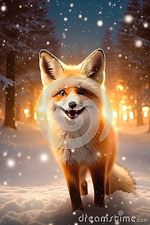 Beautiful vulpes fox against the backdrop of a snowy winter forest with a bushy tail, hunting in the freshly fallen snow Stock Photo