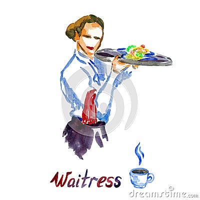Beautiful waitress holding tray with plates, watercolor abstract splash collection, hand painted illustration design element Cartoon Illustration