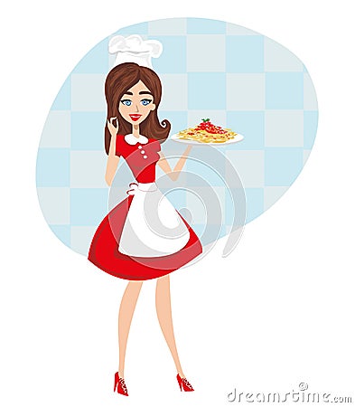 Beautiful waitress serves spaghetti Vector Illustration