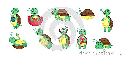 Beautiful walking turtles. Air bubbles, diving cute characters, little smile surfer, different activities. Reptile Vector Illustration