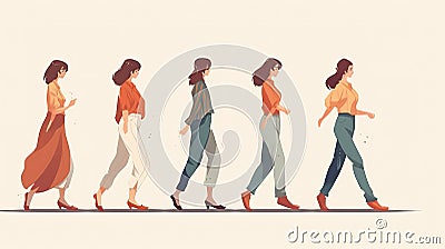 beautiful walking women in a row, cartoon sketch, ai generated image Stock Photo