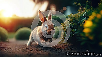 Hopping Bunny in the Garden, AI generated Illustration, realistic Cartoon Illustration