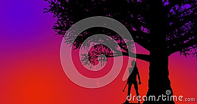 Beautiful warrior girl standing under a tree during sunset time orange-purple background Stock Photo