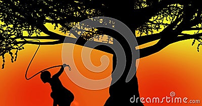 Beautiful warrior girl standing under a tree during sunset time orange-yellow background Stock Photo