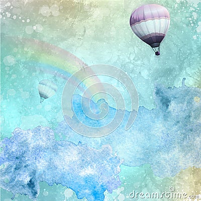 Beautiful Watercolor Background with Splatters , rainbow, clear sky and flying hot ballons Stock Photo