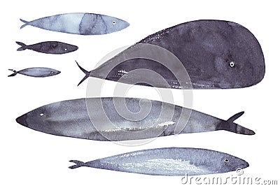 Beautiful watercolor blue fishes food isolated on a white backgroun Cartoon Illustration