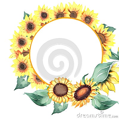 Beautiful watercolor border design with yellow sunflower,green leaf and buds ai generated Stock Photo