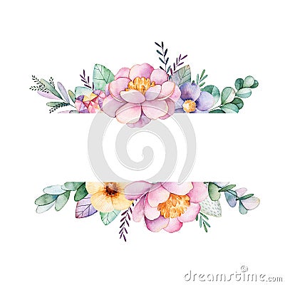 Beautiful watercolor border frame with peony,flower,foliage,branches Cartoon Illustration