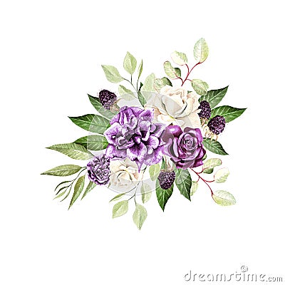 A beautiful watercolor bouquet with roses and peony flowers, eucalyptus and blackberries. Stock Photo