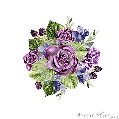 A beautiful watercolor bouquet with roses and peony flowers, eucalyptus and blackberries. Stock Photo