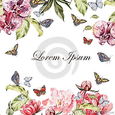 Beautiful watercolor card with peony flowers and orchid flower. Butterflies and plants. Stock Photo