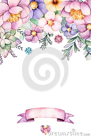 Beautiful watercolor card with place for text with peony,flowers,foliage,succulent plant,branch, and ribbon. Cartoon Illustration