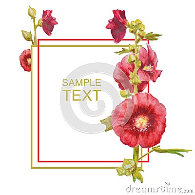 Beautiful watercolor card with red flowers. Mallow plant isolated on white background. Cartoon Illustration