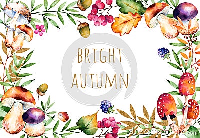 Beautiful watercolor card with text Bright Autumn: autumn Cartoon Illustration