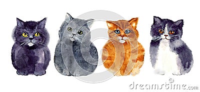 Beautiful watercolor cats on the white background. Animal watercolor silhouette sketch Cartoon Illustration