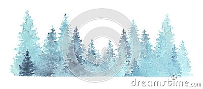 Beautiful watercolor coniferous forest illustration, Christmas fir trees, winter nature, holiday background, conifer, snow, outdoo Cartoon Illustration