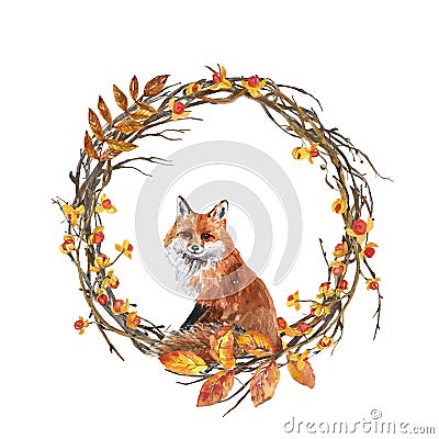 Colorful watercolor fall wreath with fox. Hand painted bittersweet vine, tree branches, yellow and orange leaves, red berries Cartoon Illustration