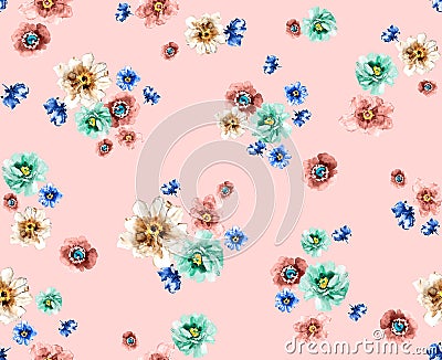 Beautiful Watercolor Flowers, Seamless Pattern Designed on Lightpink Background. Stock Photo