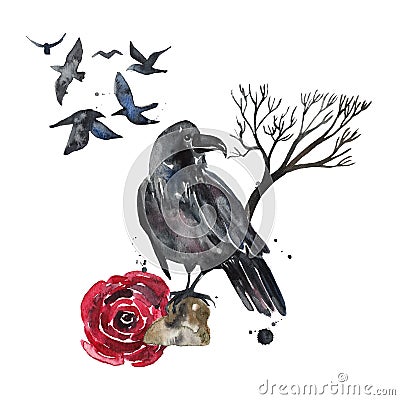 Beautiful watercolor gothic composition with a crow, roses and plants Stock Photo