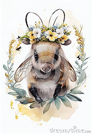 Beautiful watercolor honeybee baby portrait, great design with flowers crown. Cute wildlife animal cartoon drawing Stock Photo