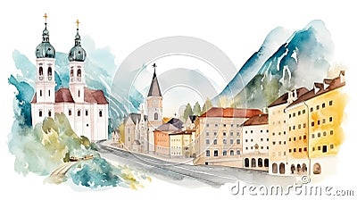 Beautiful watercolor illustration of Austrian architecture the Alps. Picturesque panoramic view of the mountains houses and church Cartoon Illustration