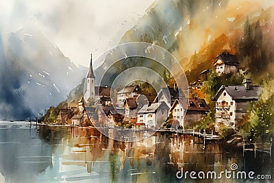 Beautiful watercolor illustration of famous Austrian location Hallstatt in Upper-Austria in the Alps. Picturesque panoramic view Cartoon Illustration